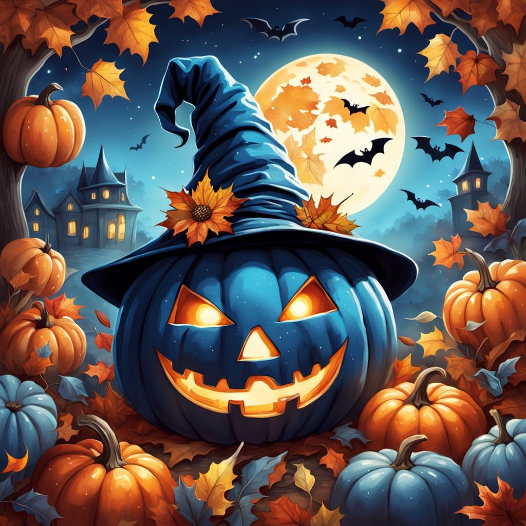Whimsical Blue Jack-o'-Lantern in Witch Hat