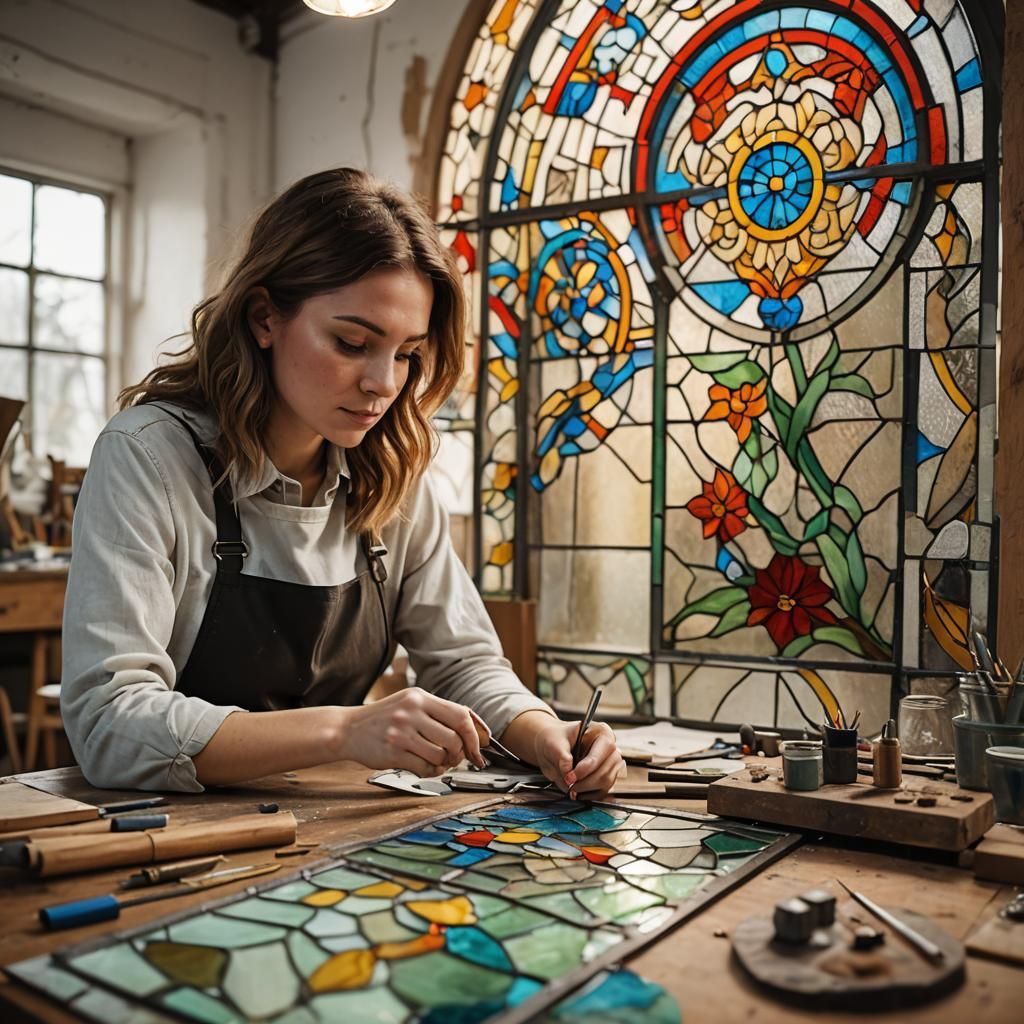 Young Woman Creating Stained Glass Art
