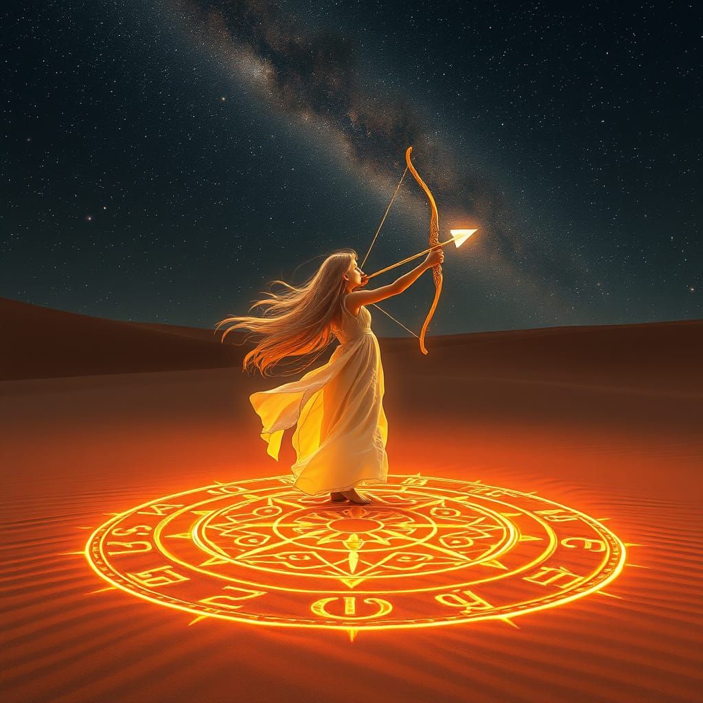 Girl Stands on Glowing Rune Circle in Starry Desert