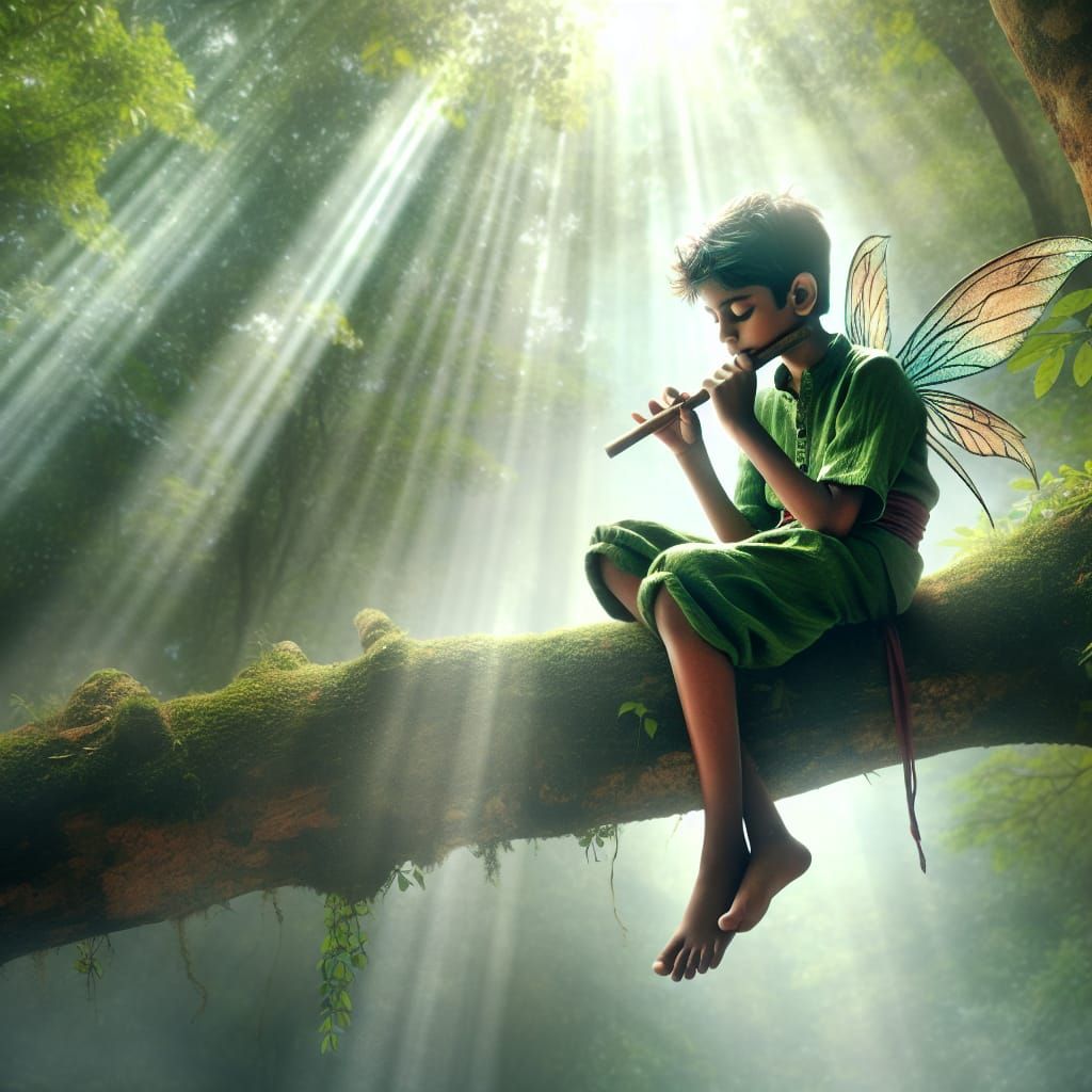 Fairy Boy Playing Flute in Forest Sunlight