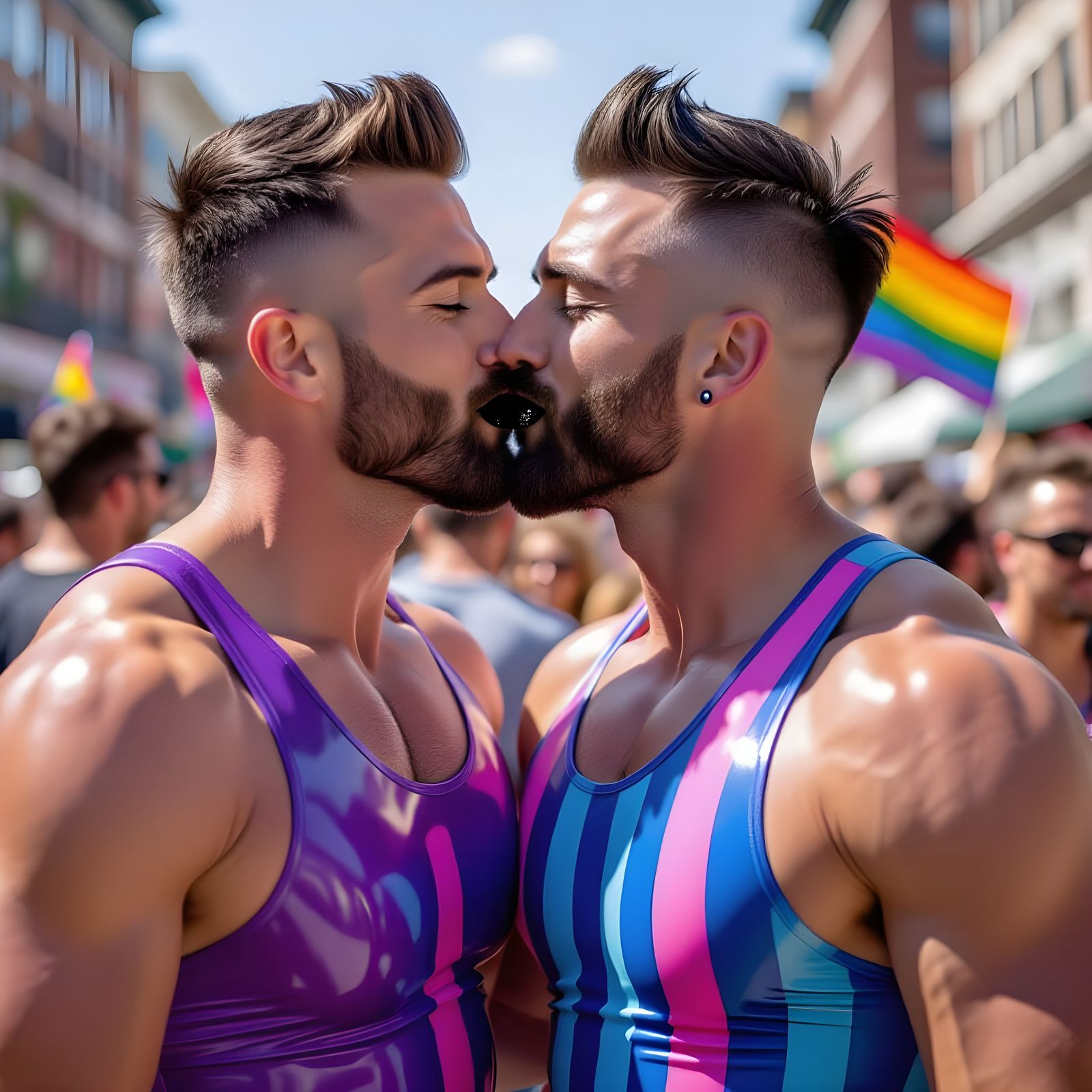 Bisexual Pride: Two Men Kissing in Latex