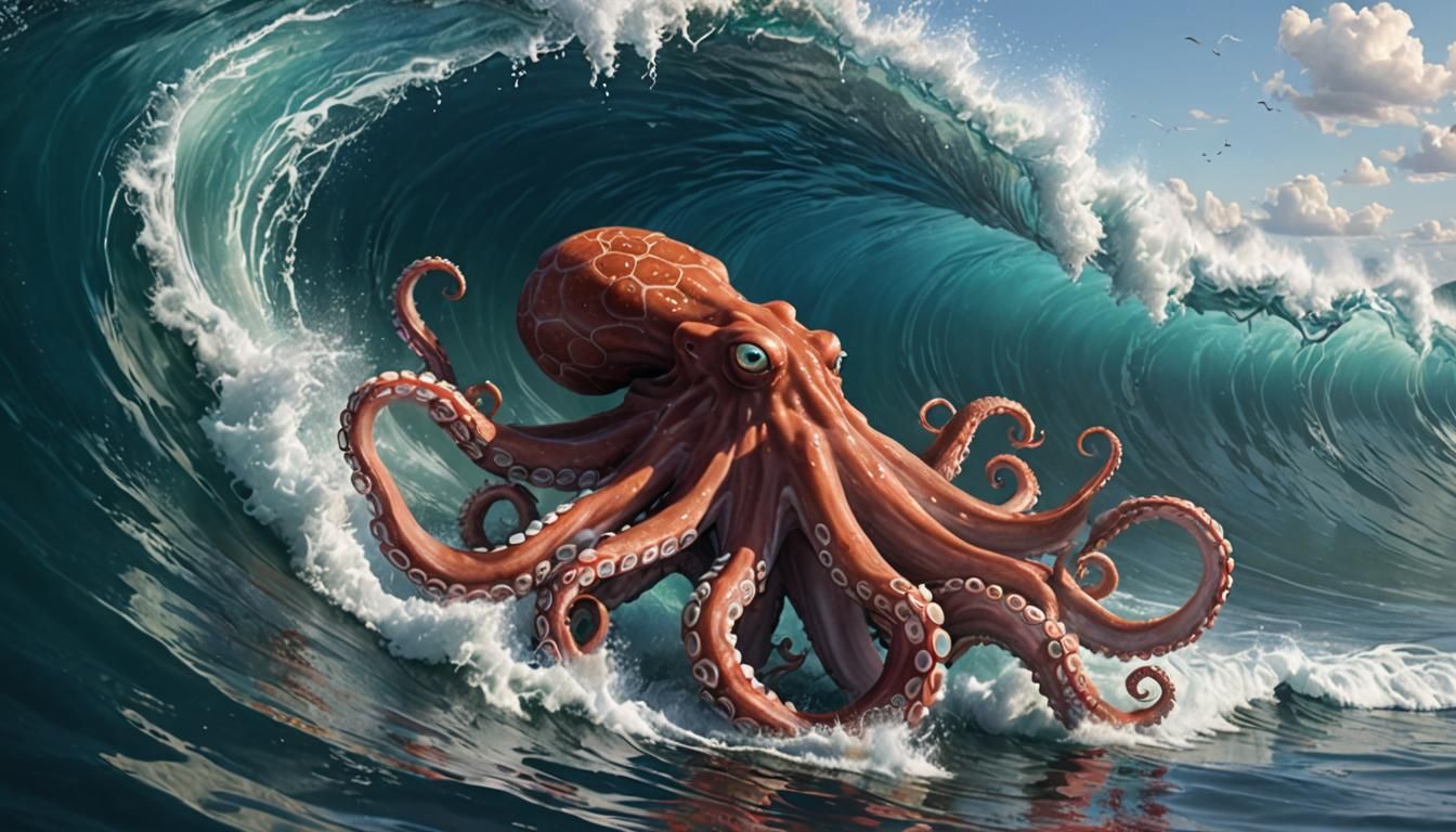 Giant Octopus Swimming Inside a Wave