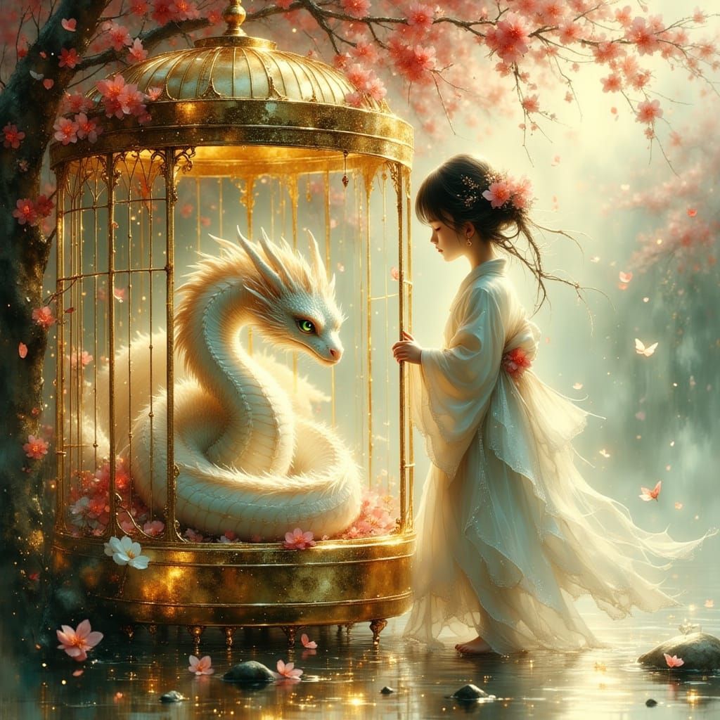 Girl Frees Dragon in Ethereal Japanese Fantasy Scene
