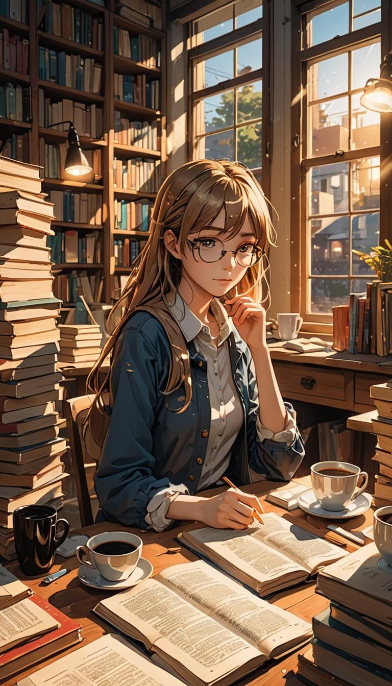 Anime Girl at Cluttered Table in Cel-Shaded Style