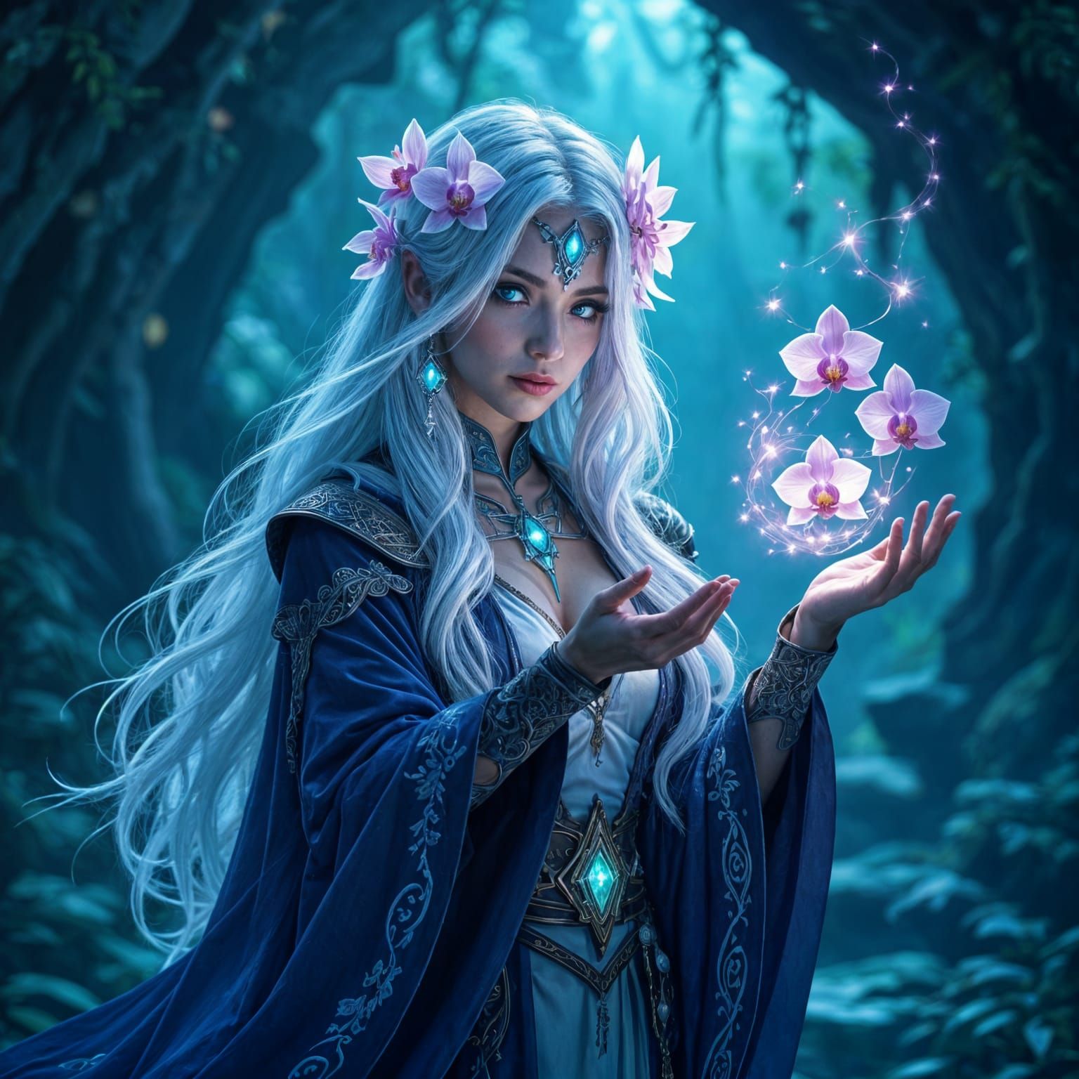 Ethereal Sorceress Casting Spells in Art Nouveau Style