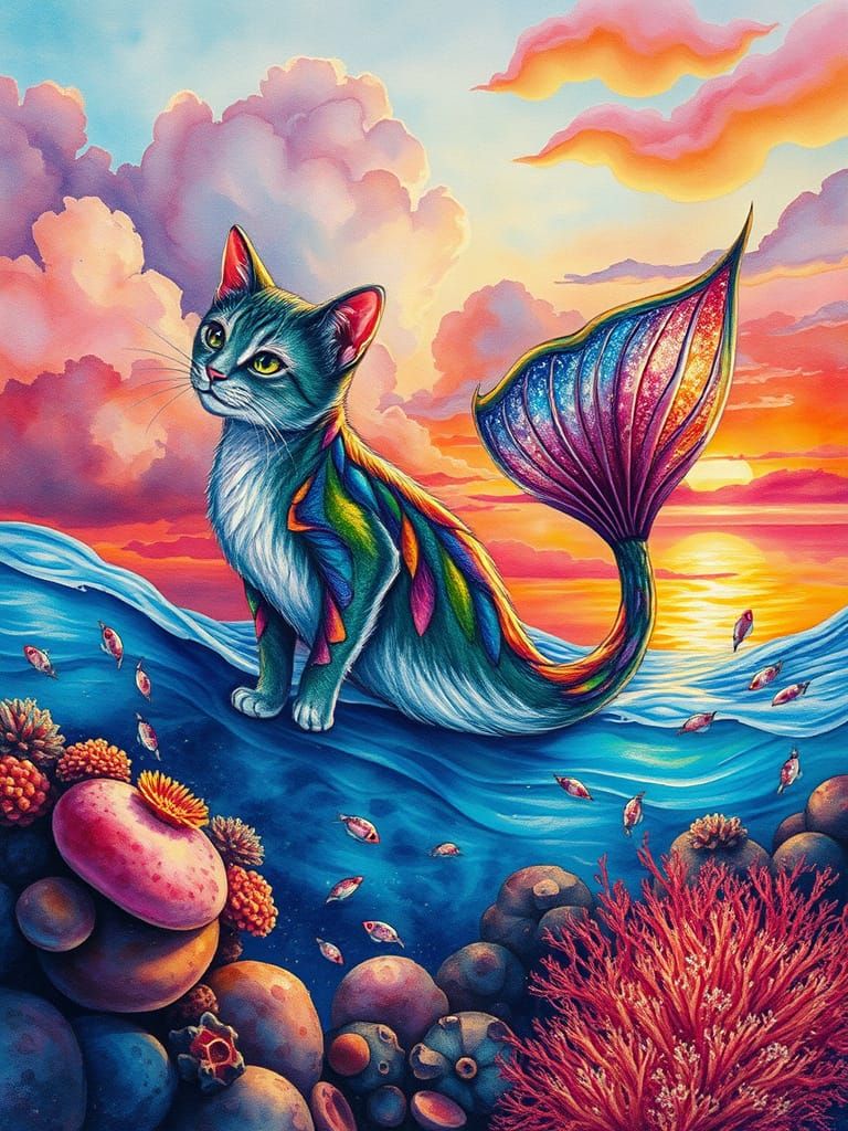 Surreal Cat-Mermaid With Colorful Fins Underwater