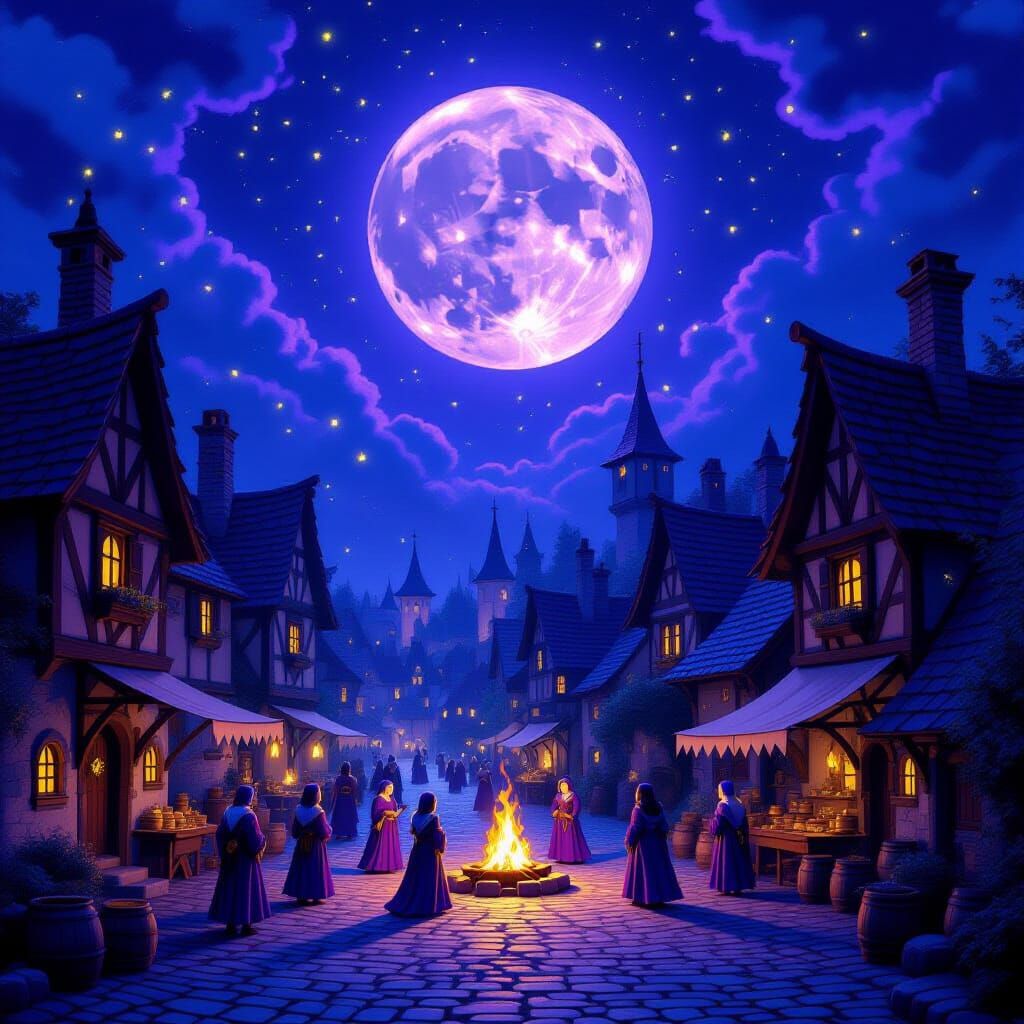 Medieval Village Under Violet Moon with Fireflies and Costum...