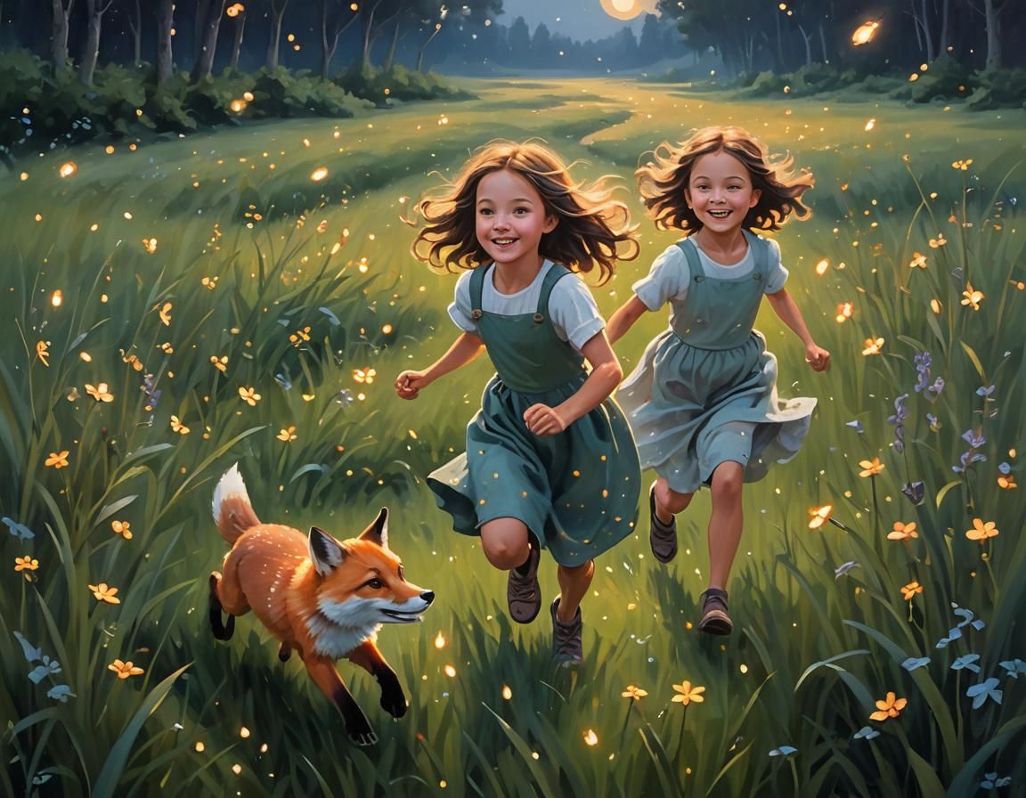 Girl and Fox in Meadow at Twilight, Oil Painting