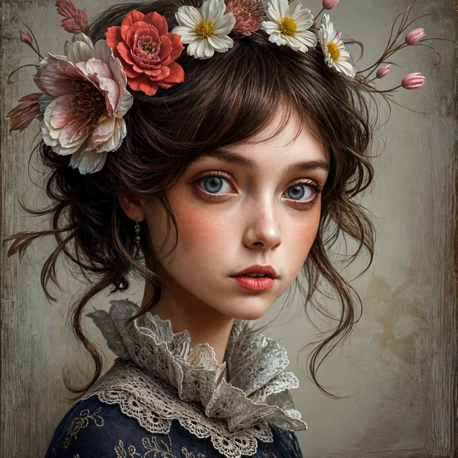 Girl in Distressed Landscape of Broken Objects