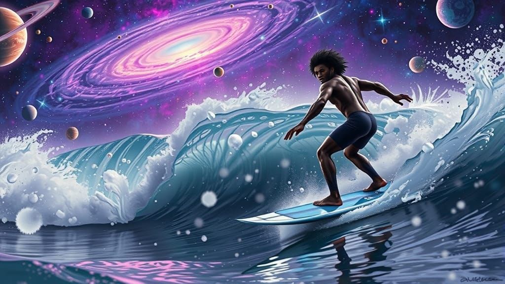 Cosmic Surfer Riding Crystal Wave Under Alien Sky
