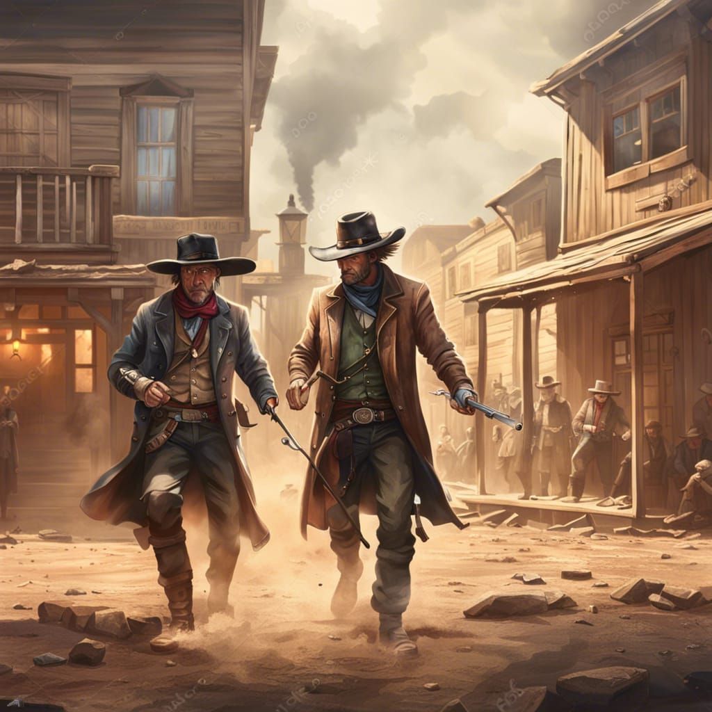 Cowboy Duel in Old Western Town, HD Painting