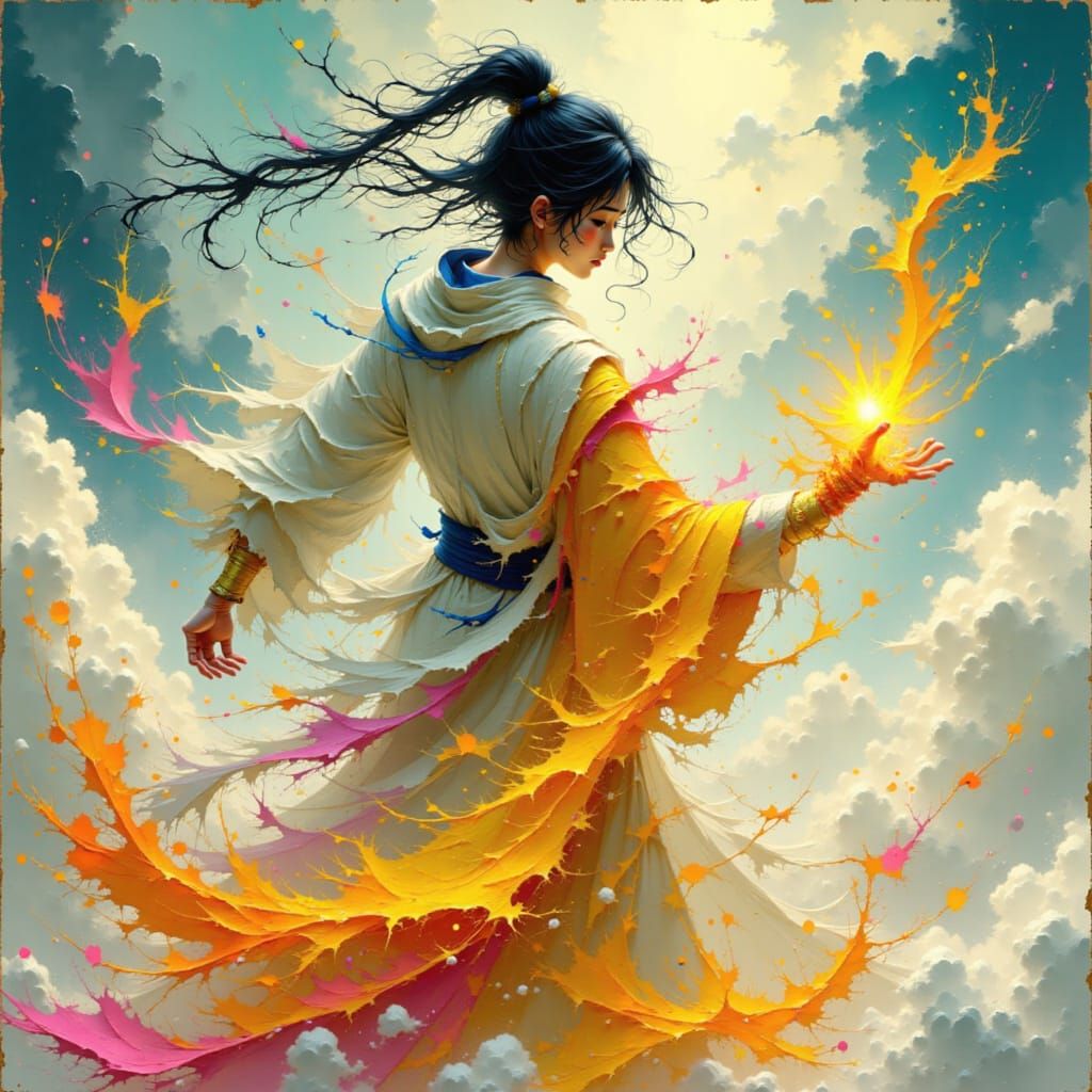 Dynamic Cultivator Martial Arts in Dreamlike Landscape