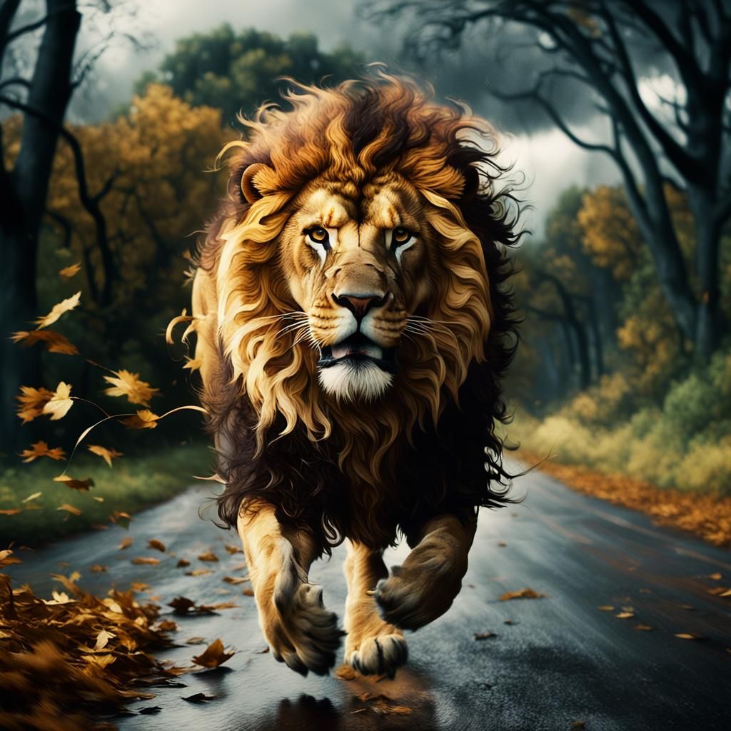 Lion in Stormy Landscape, Cinematic Film Still