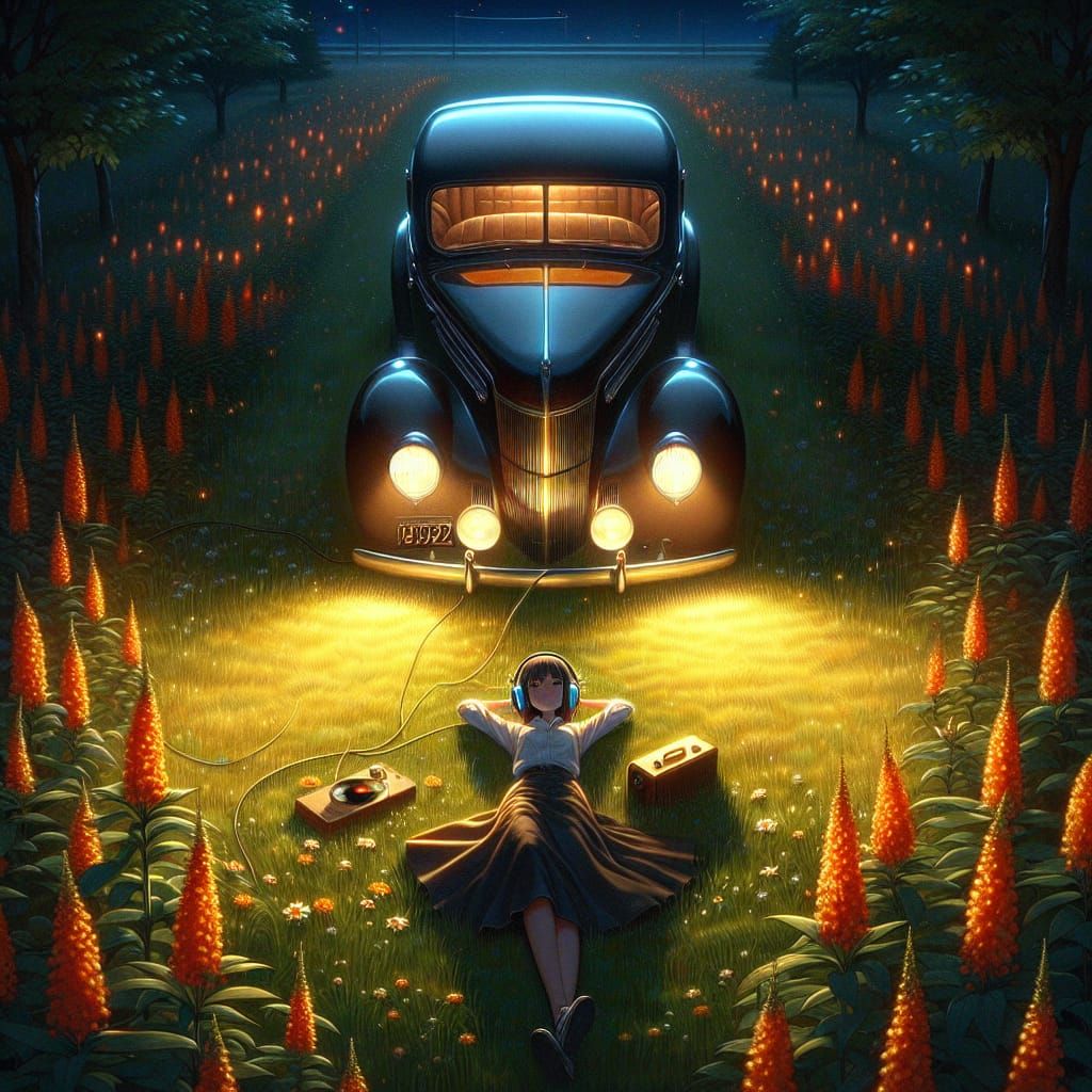 Serene Anime Nighttime Countryside Scene in Oil Paint Style