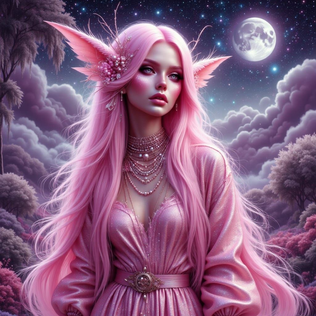 Elven Babe in Pink Fashion with Pearl and Metallic Textures