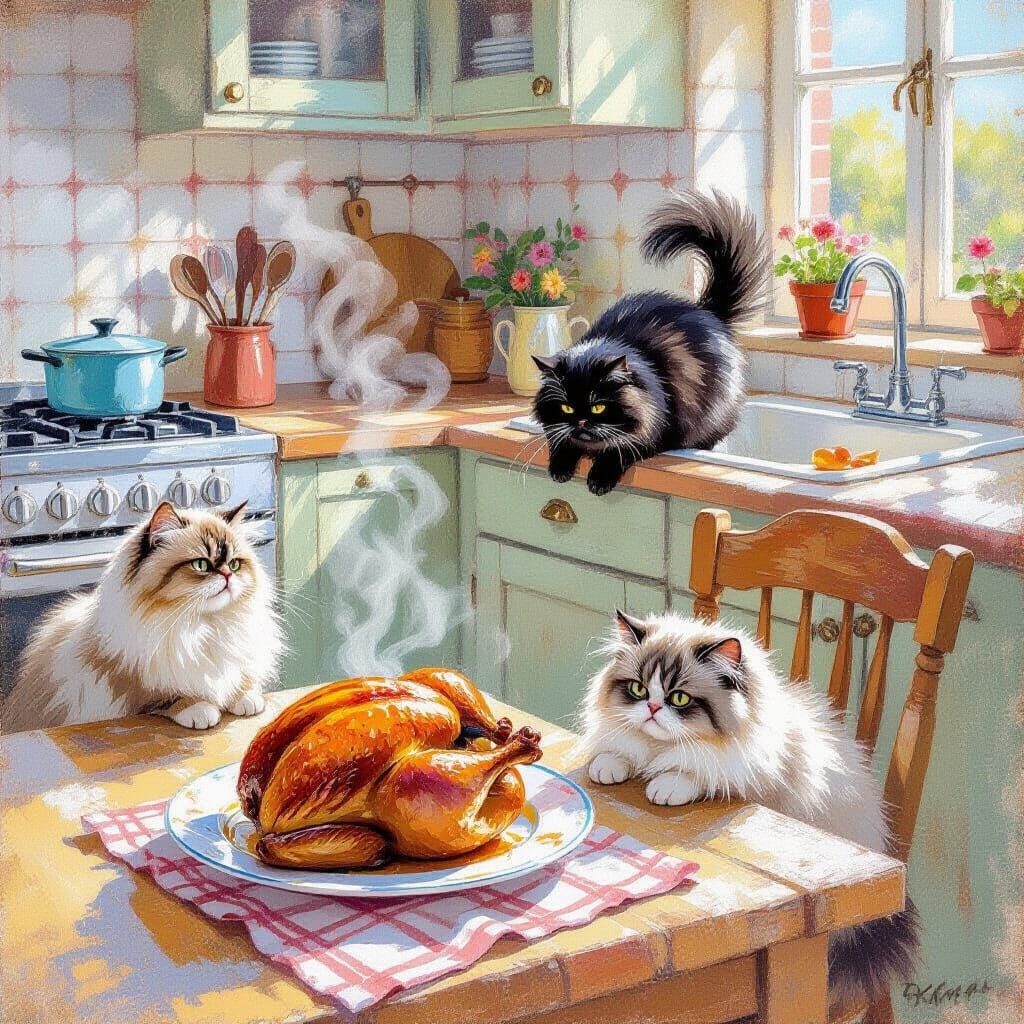 Persian Cats Guarding Chicken, Pastel Chalk Art
