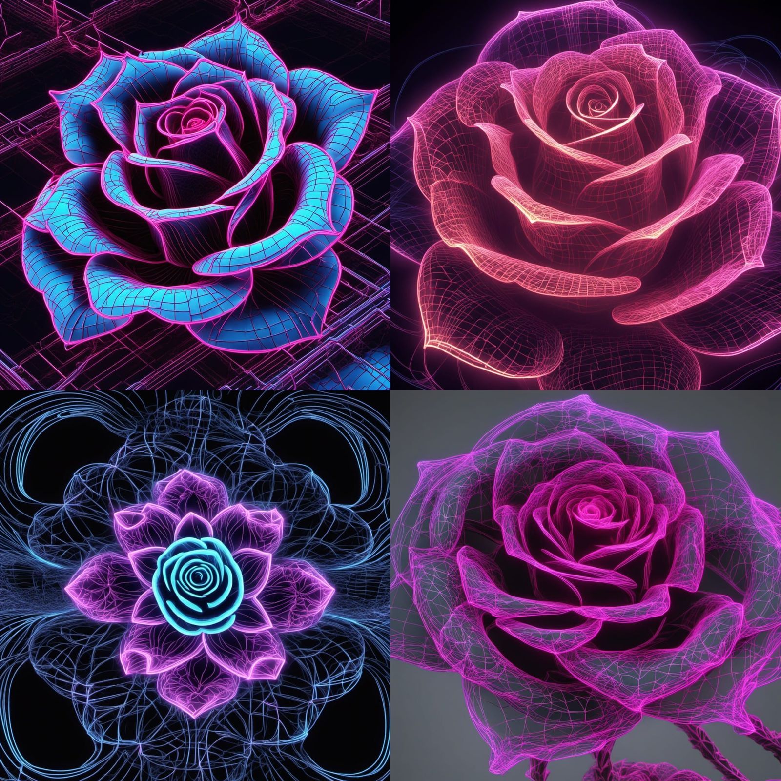 Neon Wireframe Fractal Rose, Ultra-high definition render by...