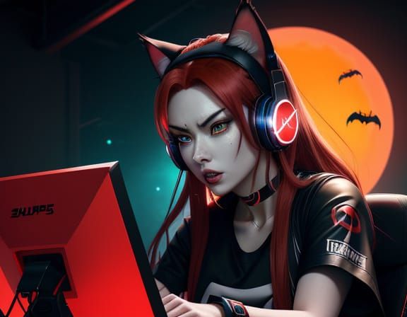 Anime-Style Female Gamer in Intense Gaming Session