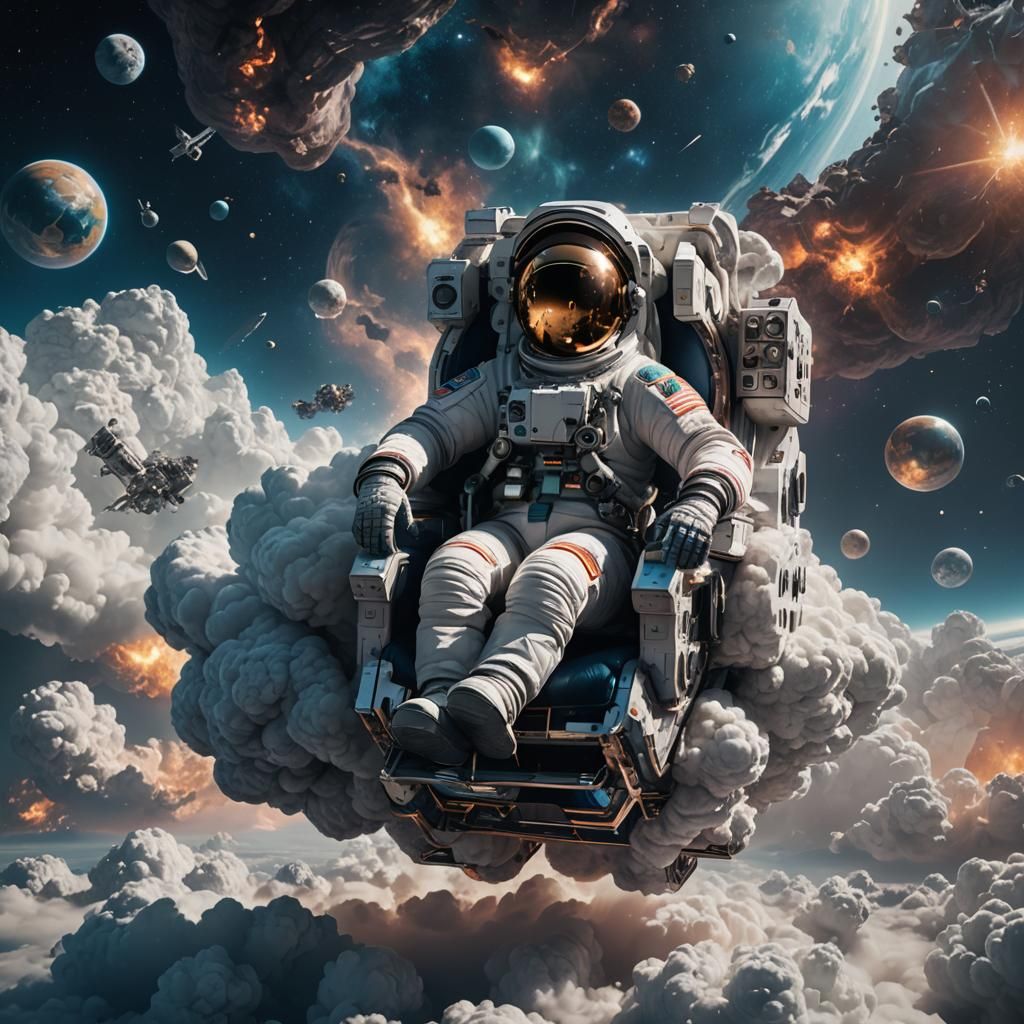 Astronaut Relaxing on Cloud Chair in Space