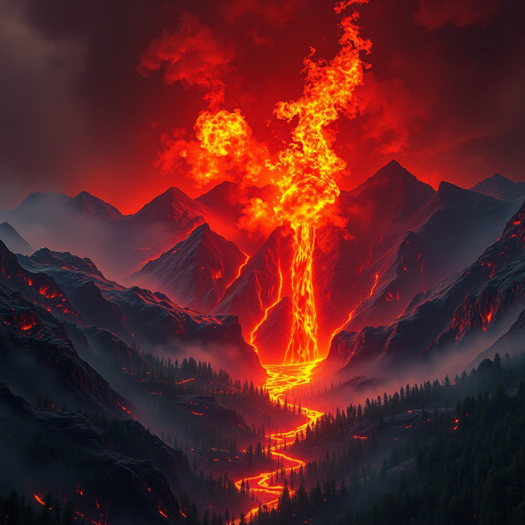 Volcanic Lava Flowing Down Burning Mountains