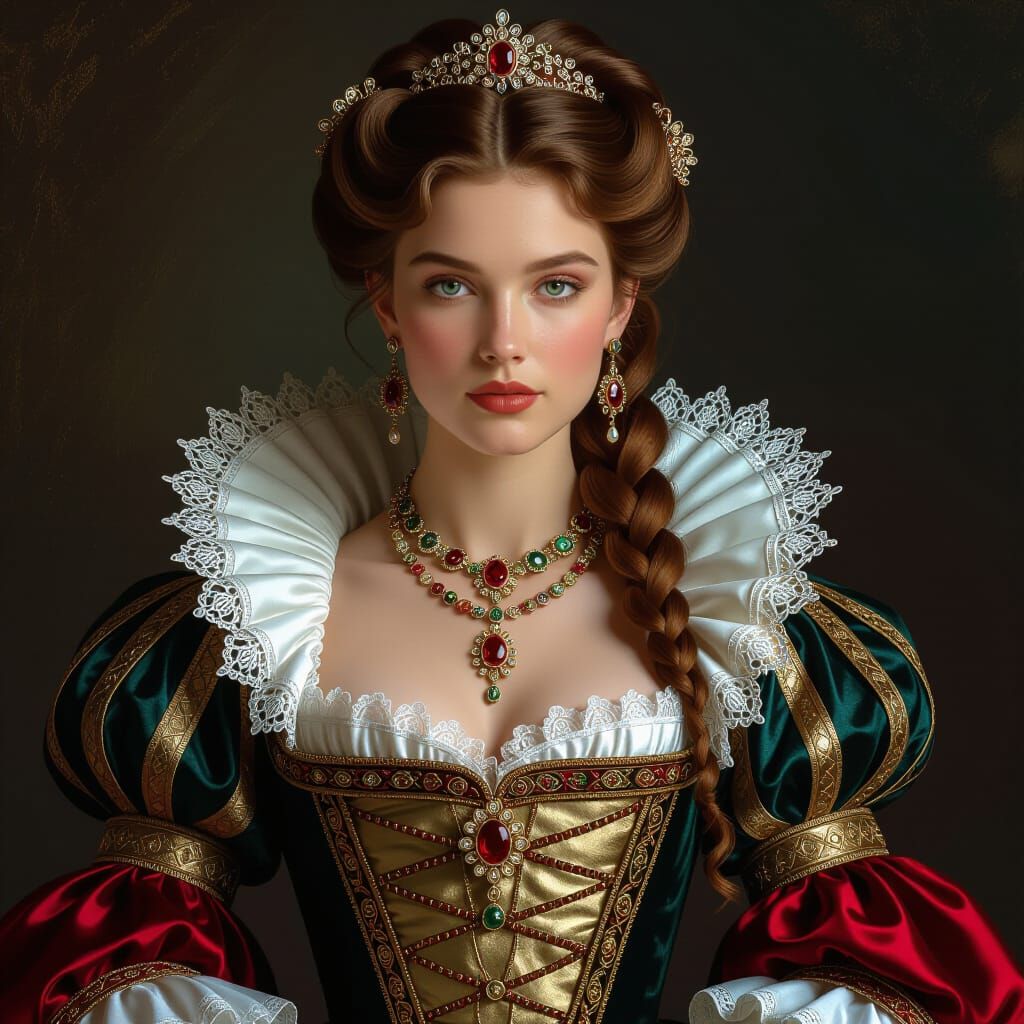 Elegant Maria Stuart in 1650s Gown and Jewellery Oil Paintin...