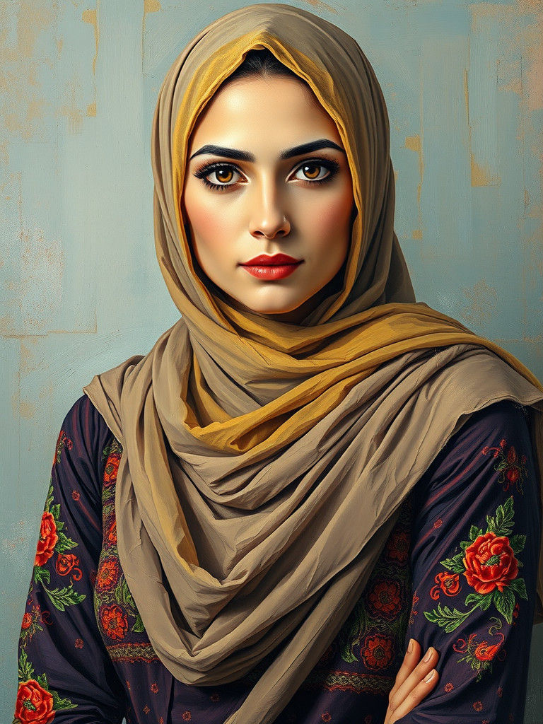 Expressive Portrait of Palestinian Woman in Neo-Impressionis...