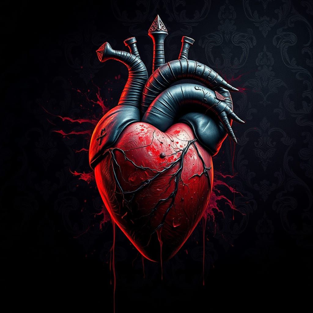 Dark Tell Tale Heart Motif in Black Damask with Splendid Fan...