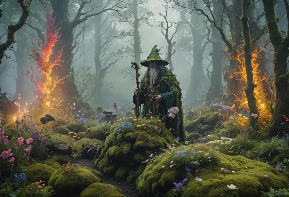 Dragonborn Druid's Enchanted Moss Garden as Impasto Painting