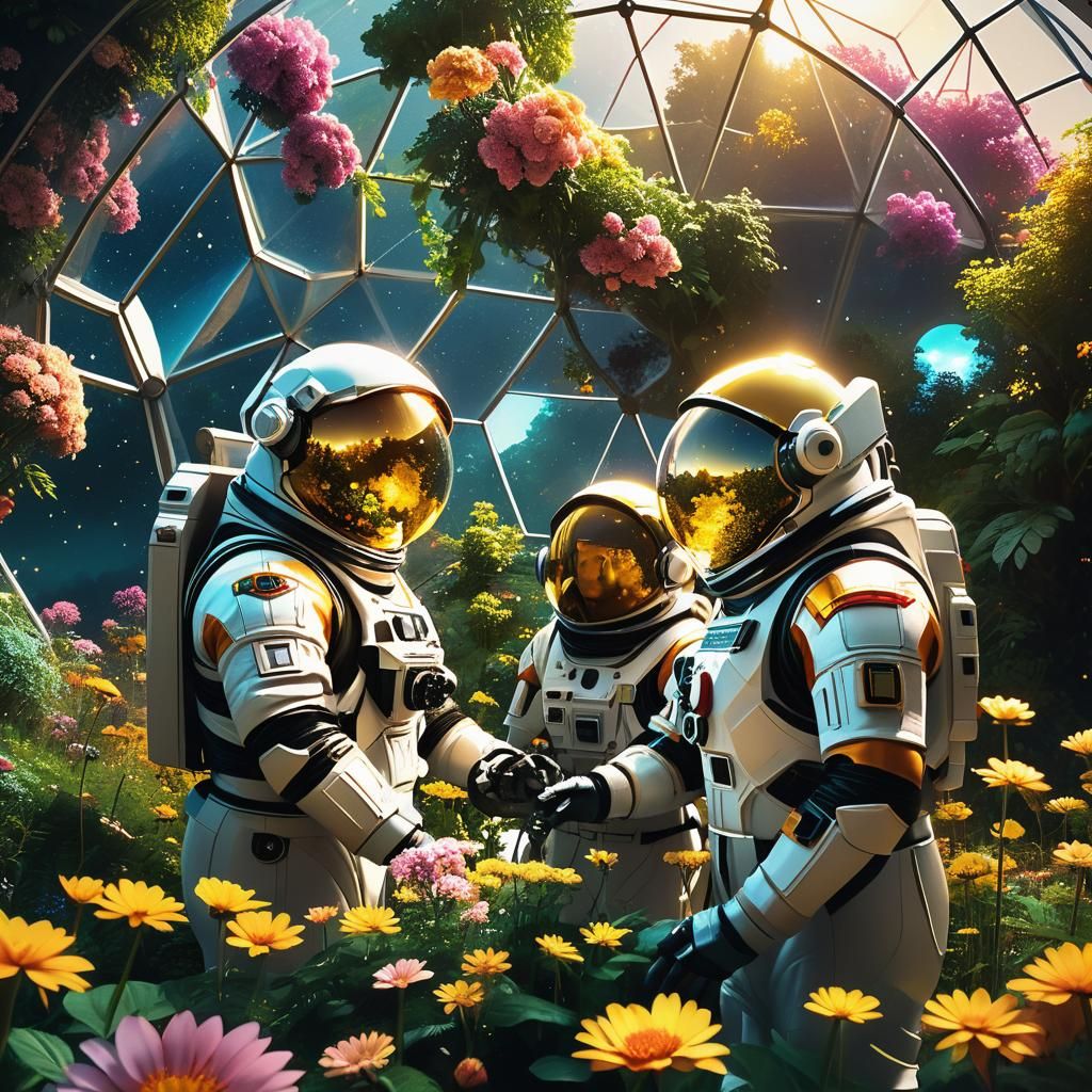 A couple in spacesuits tending to the flowers in a geodesic ...