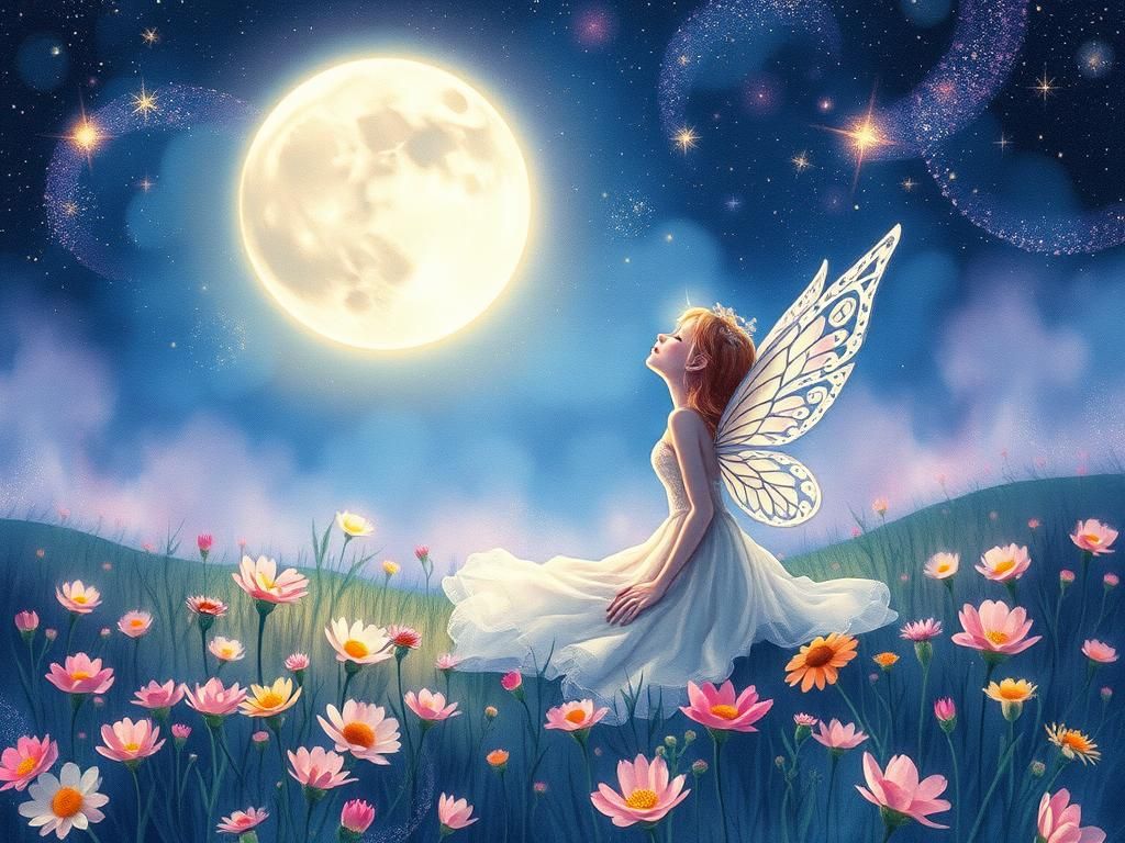 Ethereal Faerie in Moonlit Meadow, Watercolor Rendering