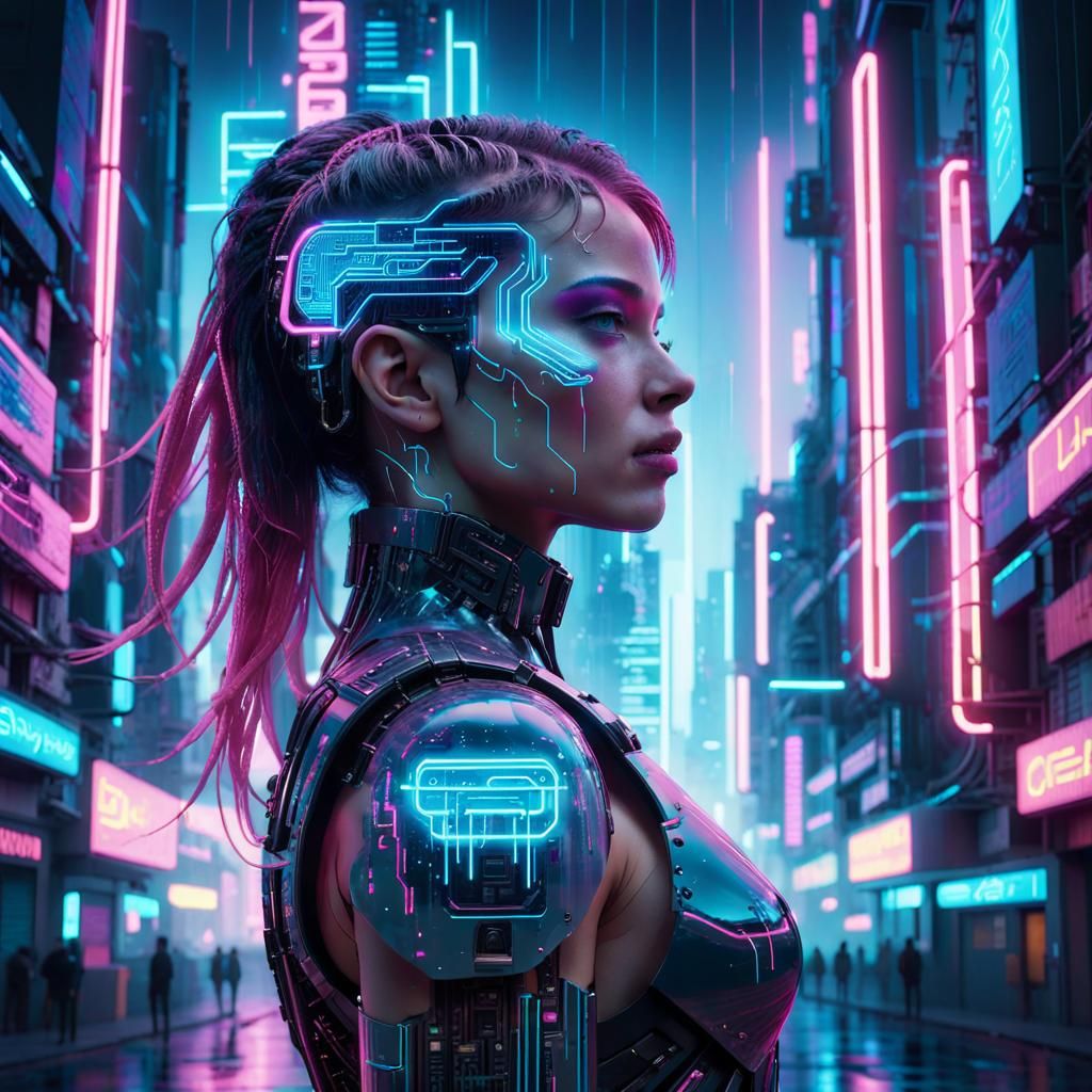 Cyberpunk Cyborg in Neon Cityscape: Retrowave Double Exposur...