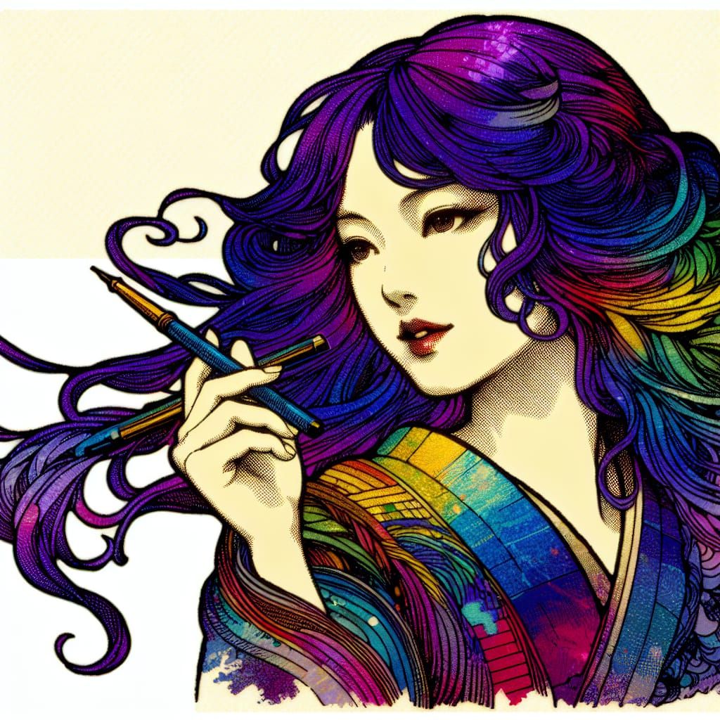 Asian Woman With Pen in Manga Style