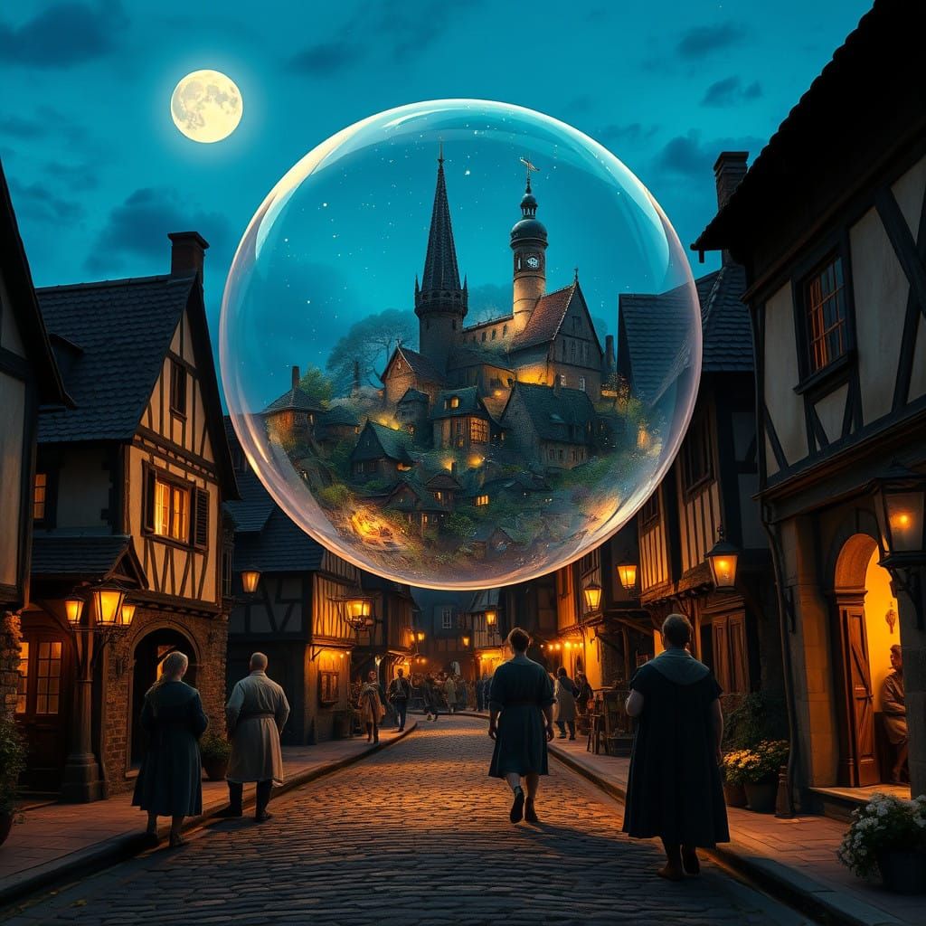 Medieval Village in Ethereal Bubble Drifts Through Cobblesto...