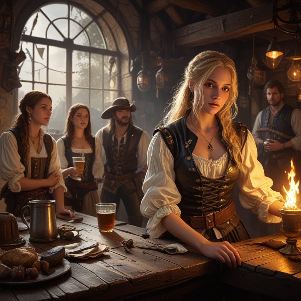 Blonde Female Pirates Party in Medieval Tavern