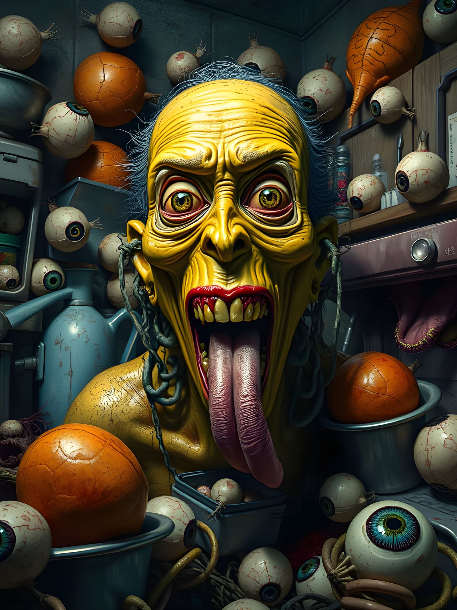 Revolting Kitchen Scene with Eyes and Teeth