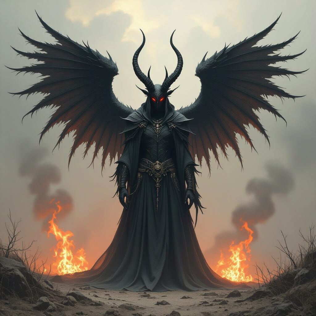 Dark Horned Devil with Shadow Wings Amidst Flames
