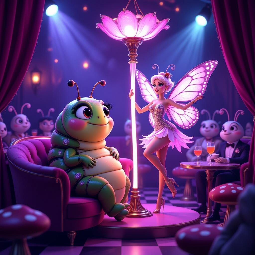 Caterpillar's Nightclub Dream in Cartoon CGI Style