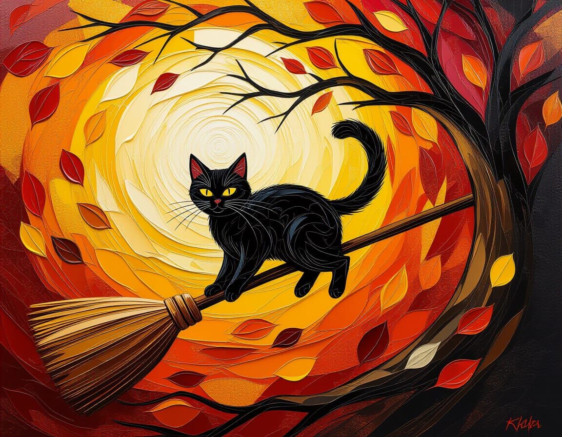 Dramatic Impasto Oil Painting Of A Black Cat Flying