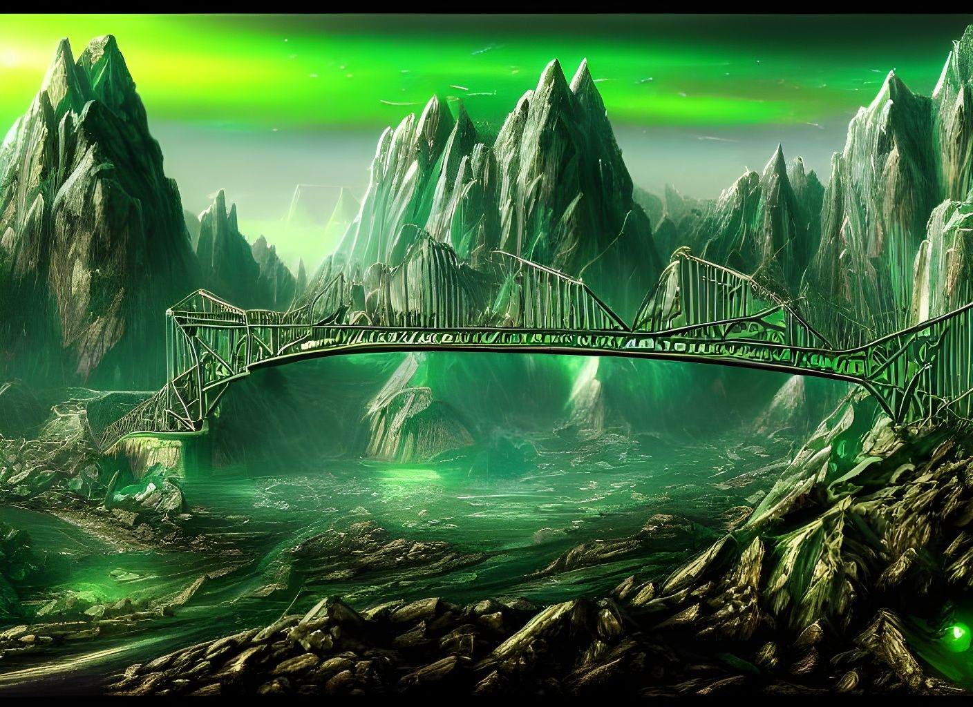 Green Crystal Formations Around Broken Bridge