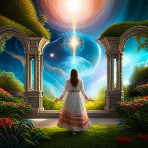 Joyful Woman Attracting Prosperity in Celestial Garden