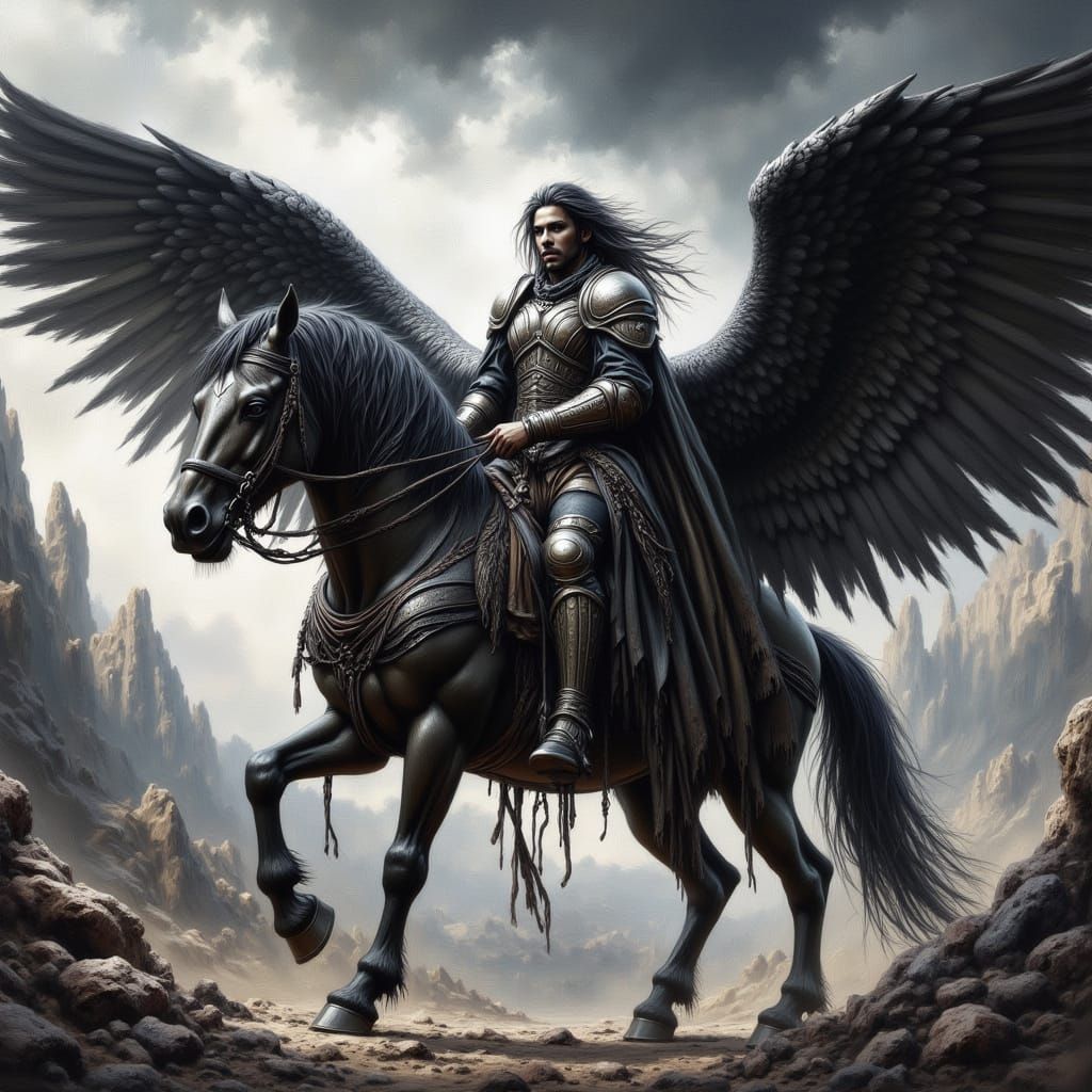 Dark Warrior Rides Ippogrifo Under Stormy Skies