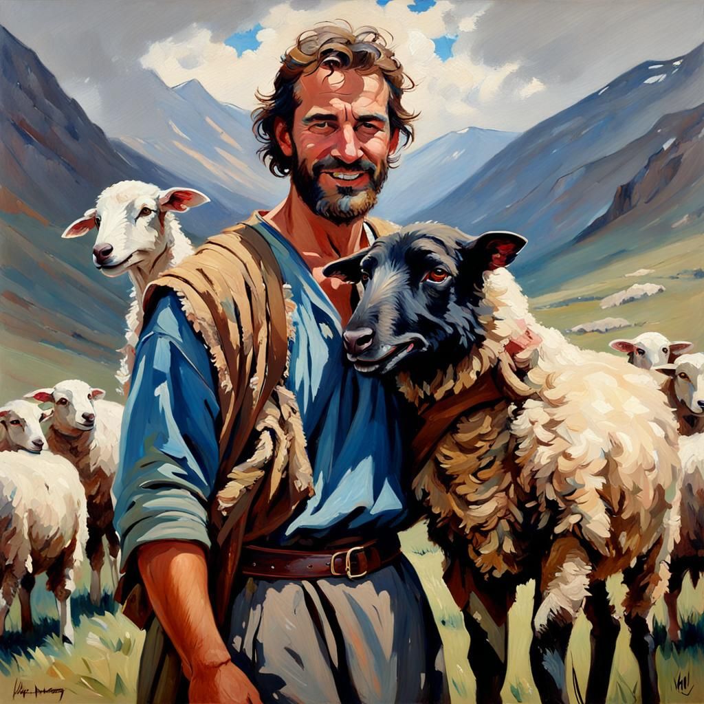 Handsome Shepherd with Sheep, Oil on Canvas