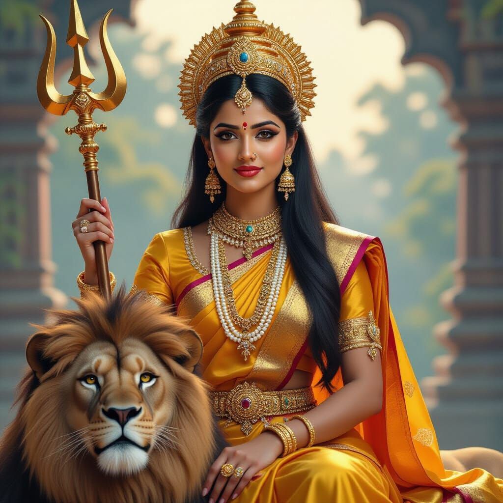 Muthyalamma Goddess on Lion, Indian Protector Deity