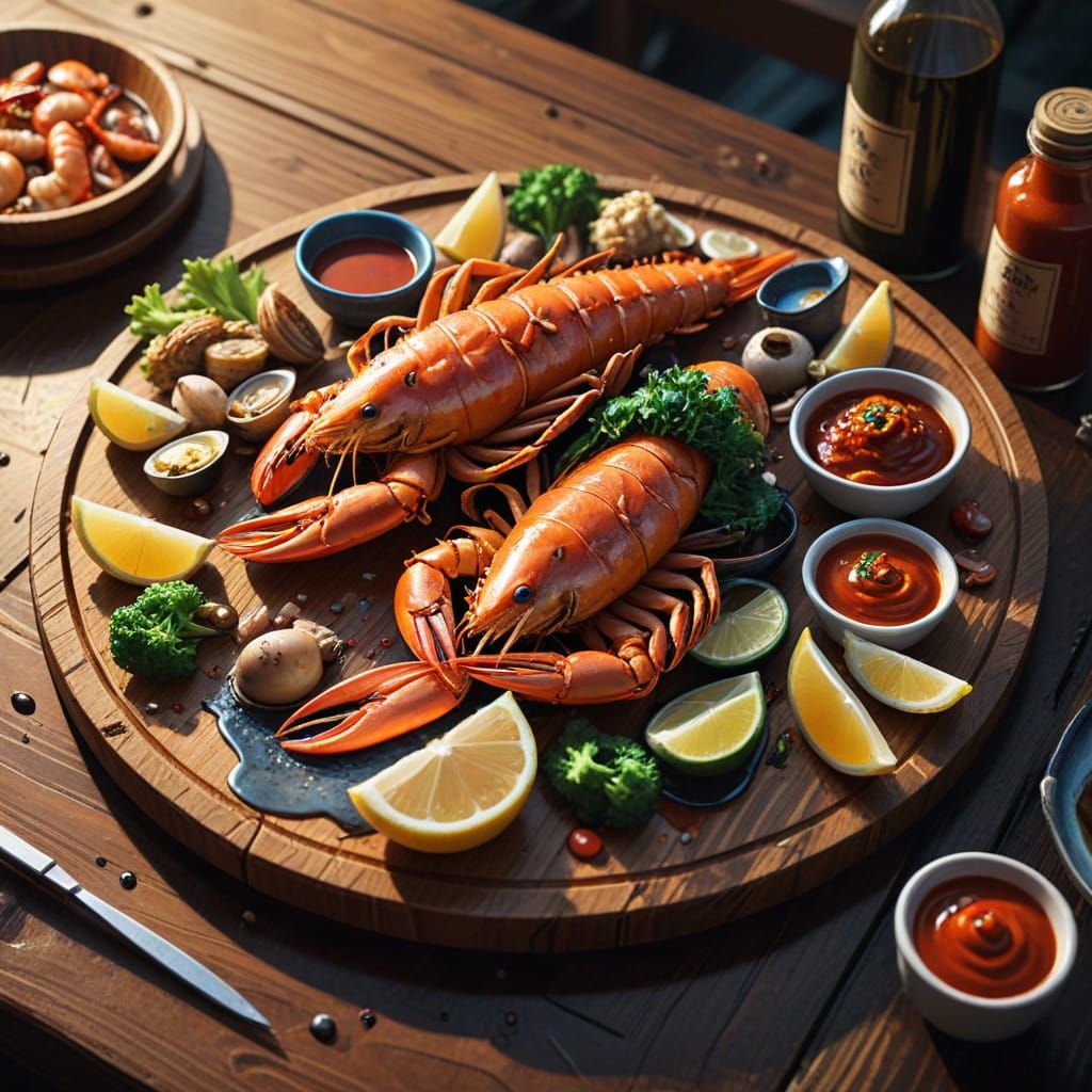 Vibrant Seafood Masterpiece in Flat Anime Style