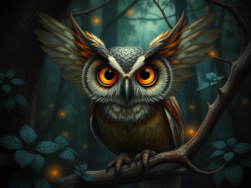 Owl Fairy in Luminescent Forest, Elegant Art