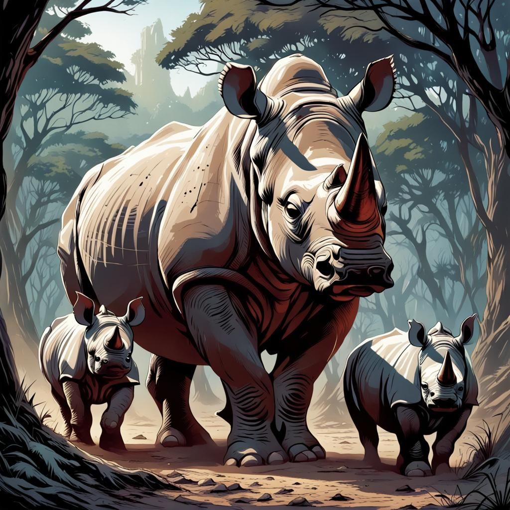 Rhino Family: Comic Book Style Illustration