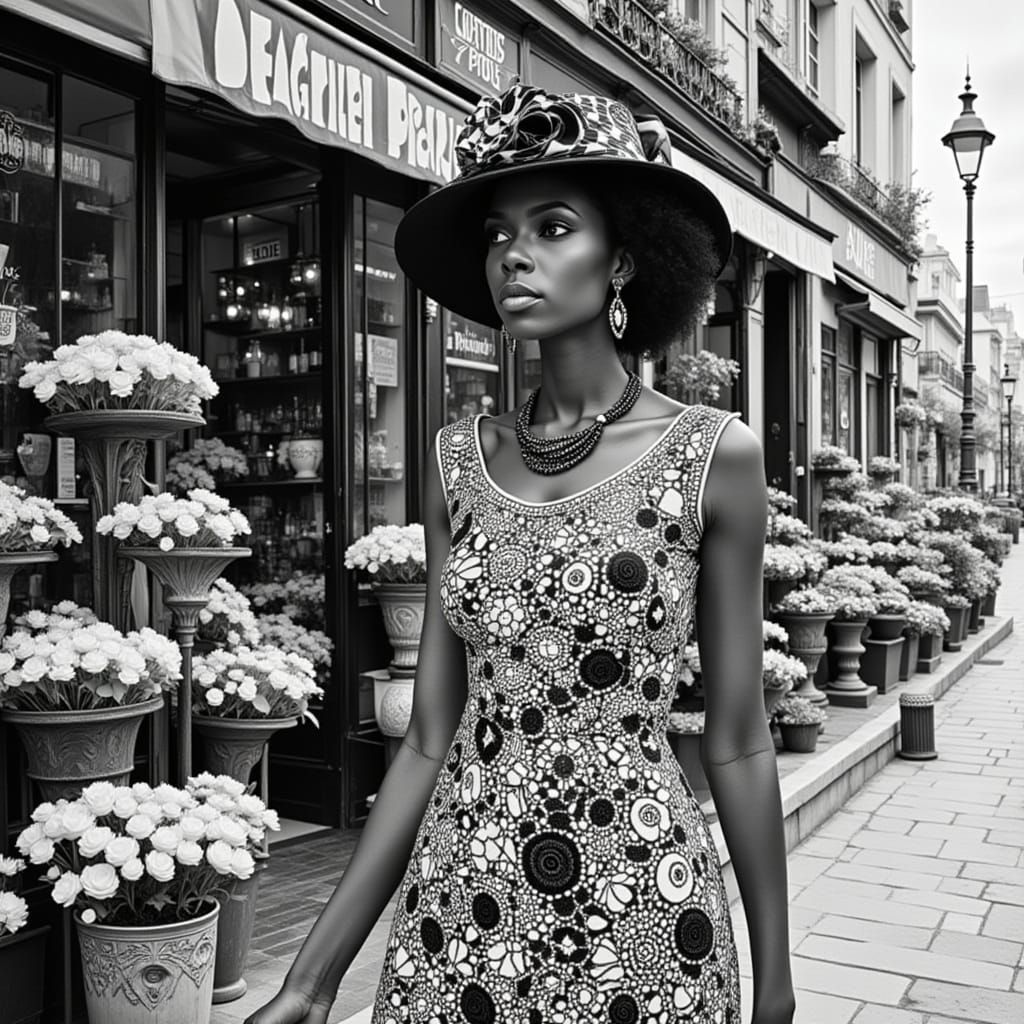 Elegant Woman in Zentangle Dress in Paris