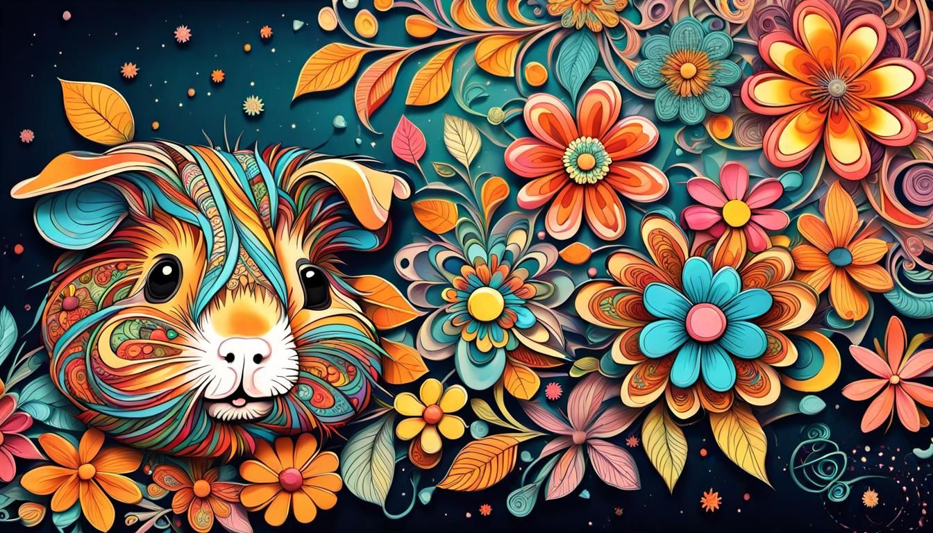 Whimsical Zentangle Guinea Pig in Floral Universe