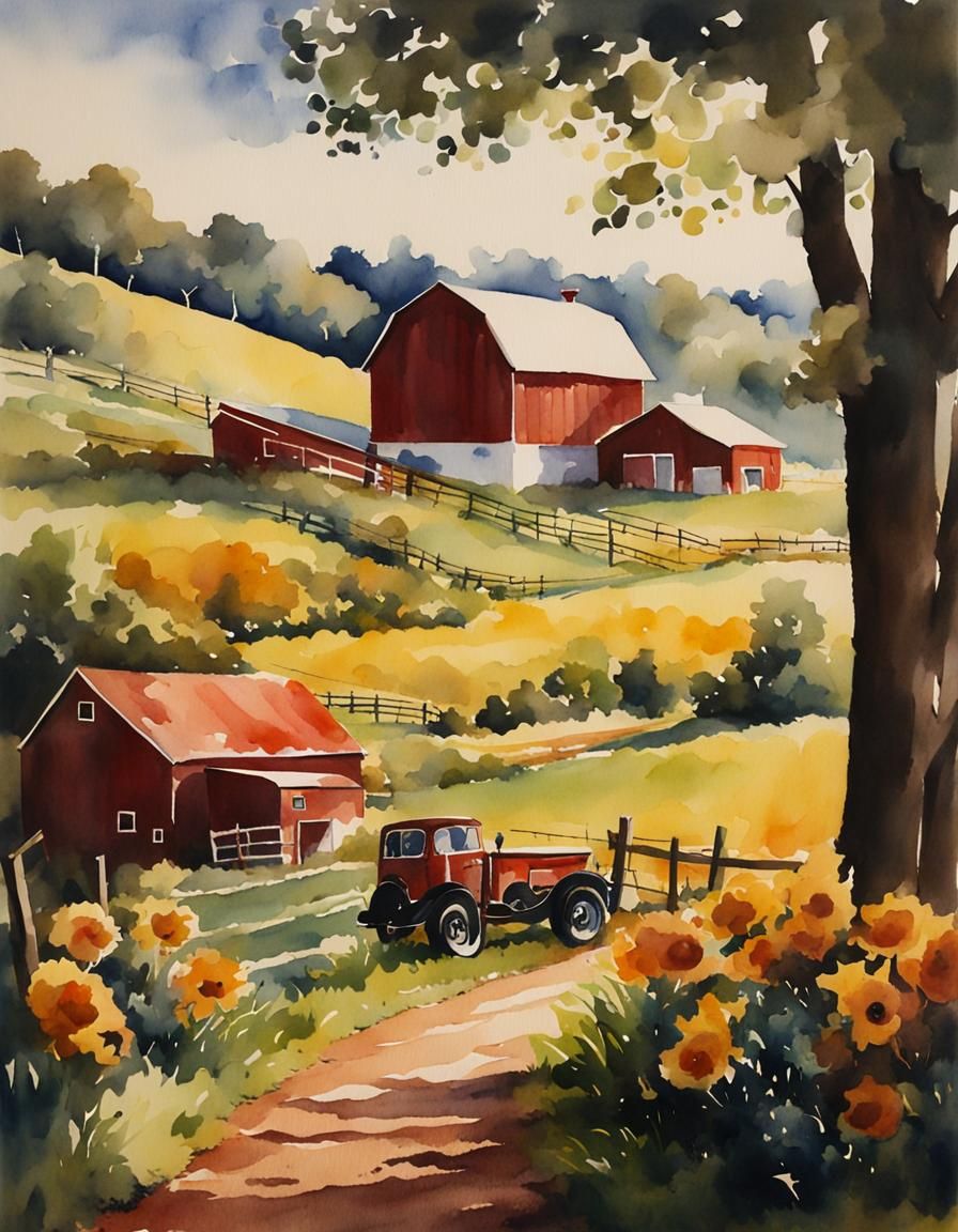 Watercolor Farm Scene in Earthy Tones