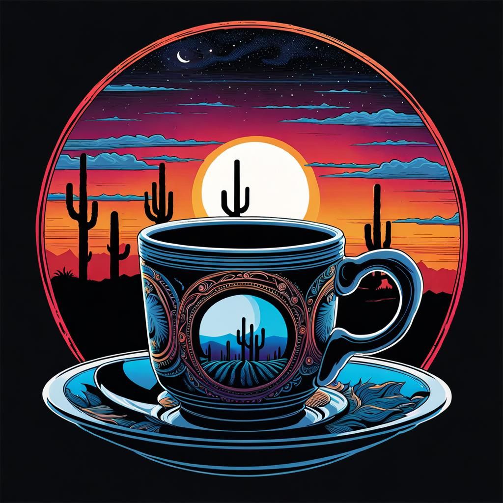 Desert Coffee Silhouette in Psychedelic Comic Style